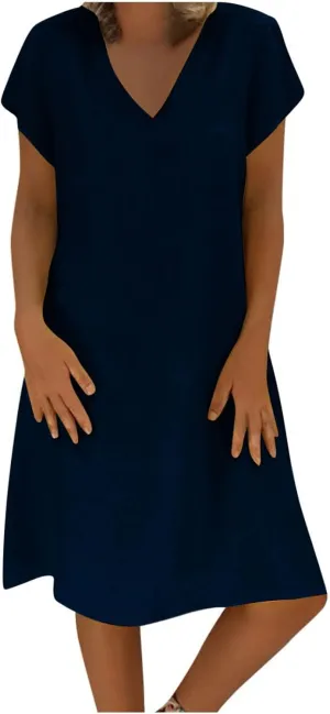 Oversize Women's Cotton Linen Midi Dresses Summer Solid Color Short Sleeve V-Neck Shirt Dresses Plus Size Beach Dress
