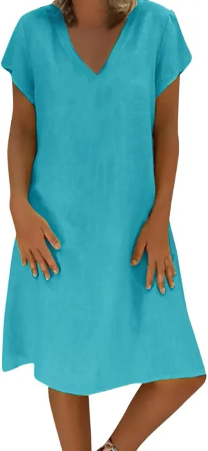 Oversize Women's Cotton Linen Midi Dresses Summer Solid Color Short Sleeve V-Neck Shirt Dresses Plus Size Beach Dress