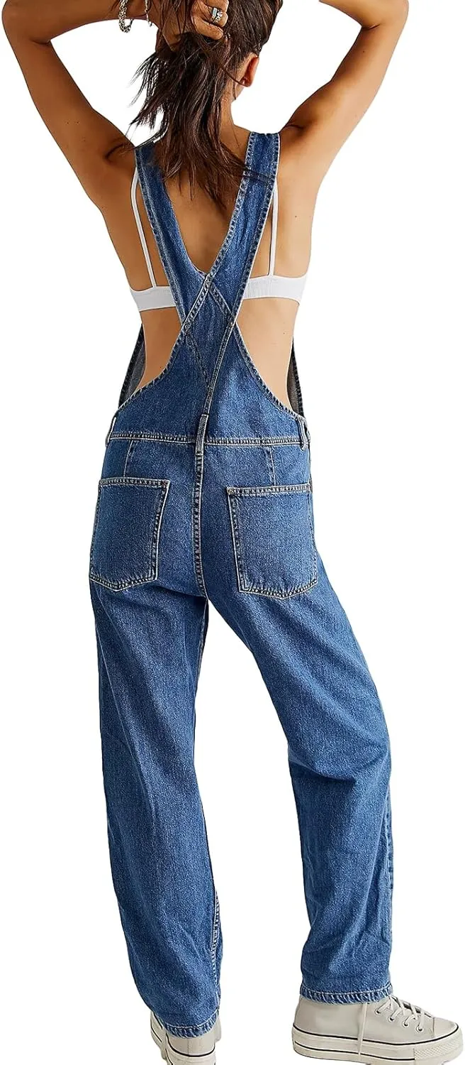 Owl's-Yard Women Long Jumpsuit Casual Bib Wide Leg Adjustable Strap Romper Pants 90s Retro Revolt Dungaree Overalls