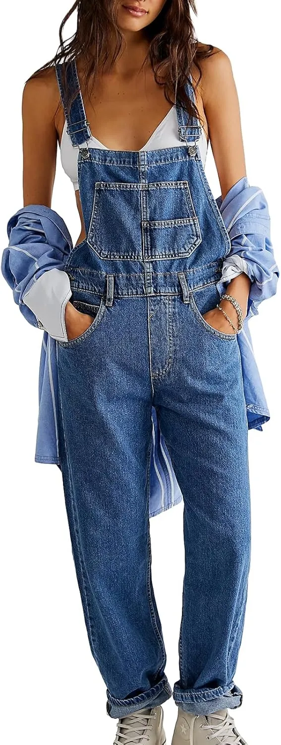 Owl's-Yard Women Long Jumpsuit Casual Bib Wide Leg Adjustable Strap Romper Pants 90s Retro Revolt Dungaree Overalls
