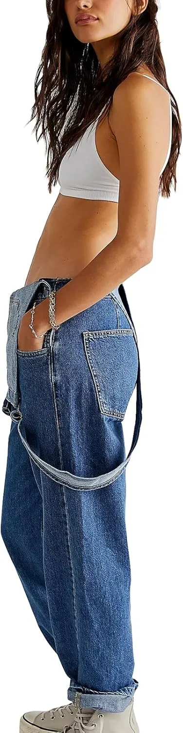 Owl's-Yard Women Long Jumpsuit Casual Bib Wide Leg Adjustable Strap Romper Pants 90s Retro Revolt Dungaree Overalls