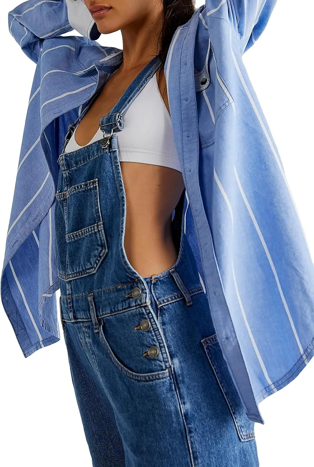 Owl's-Yard Women Long Jumpsuit Casual Bib Wide Leg Adjustable Strap Romper Pants 90s Retro Revolt Dungaree Overalls