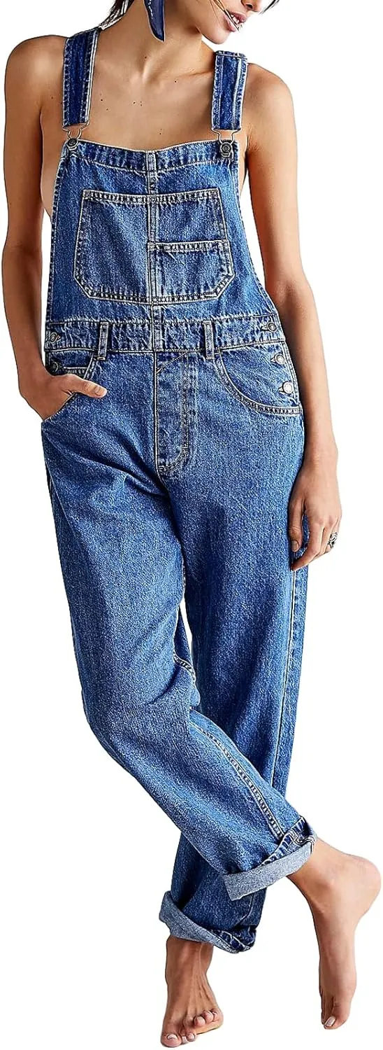 Owl's-Yard Women Long Jumpsuit Casual Bib Wide Leg Adjustable Strap Romper Pants 90s Retro Revolt Dungaree Overalls