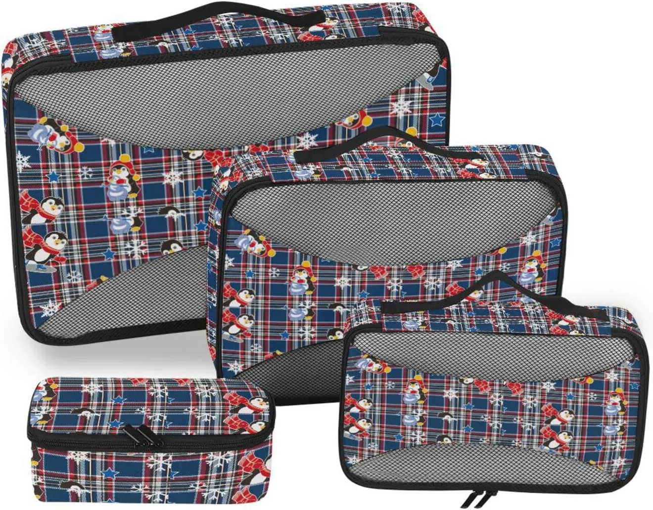 Packing Cubes Set of 4 Suitcase Organizer Travel Organizers Pcking Cubes Penguins on Plaid