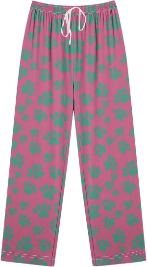 Pajamas Pants for Women's Funny Dog Paw Print High Waist Wide Leg Sweatpant Pj's Trouser with Pockets & Drawstring