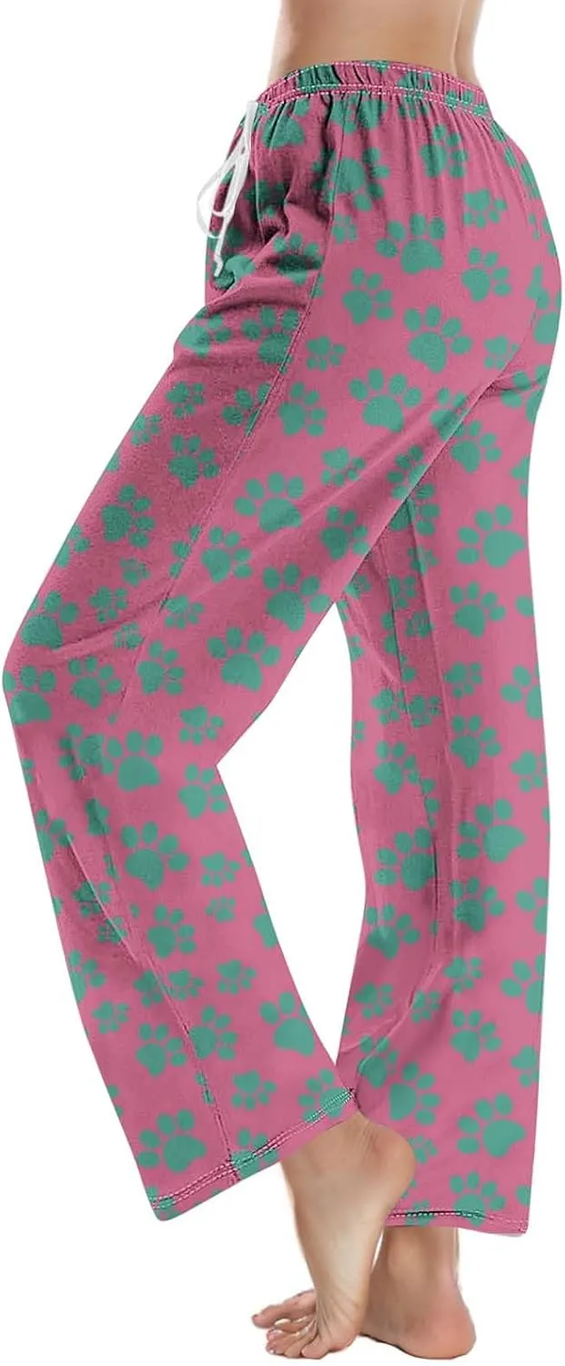 Pajamas Pants for Women's Funny Dog Paw Print High Waist Wide Leg Sweatpant Pj's Trouser with Pockets & Drawstring