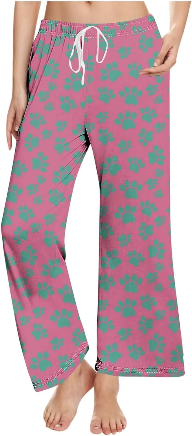 Pajamas Pants for Women's Funny Dog Paw Print High Waist Wide Leg Sweatpant Pj's Trouser with Pockets & Drawstring