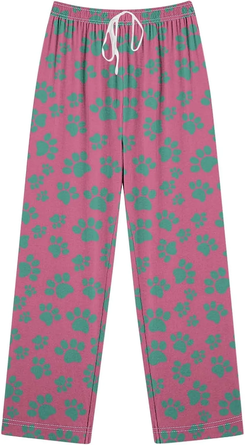 Pajamas Pants for Women's Funny Dog Paw Print High Waist Wide Leg Sweatpant Pj's Trouser with Pockets & Drawstring