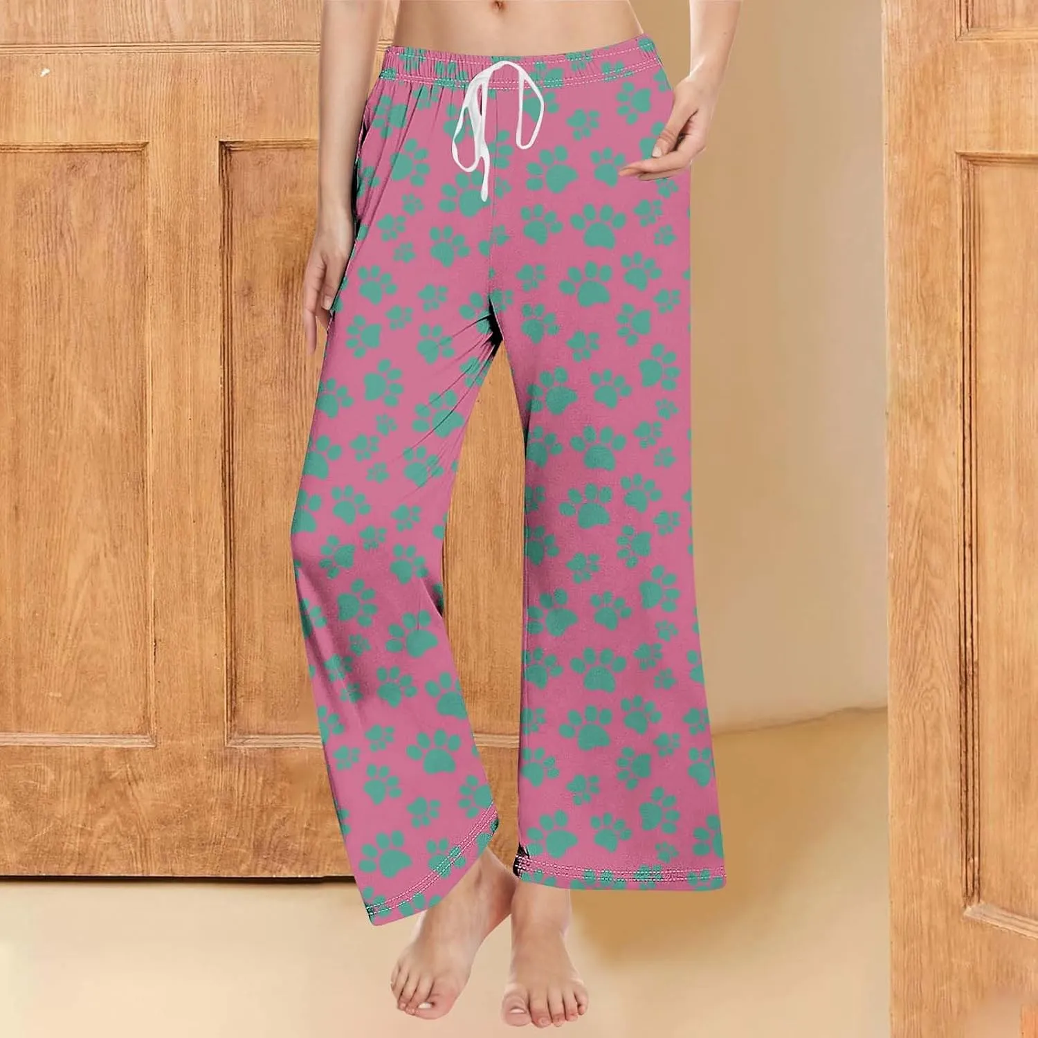 Pajamas Pants for Women's Funny Dog Paw Print High Waist Wide Leg Sweatpant Pj's Trouser with Pockets & Drawstring