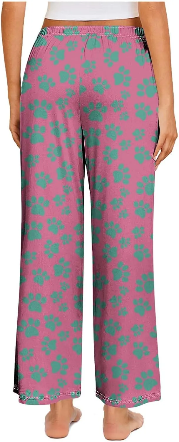 Pajamas Pants for Women's Funny Dog Paw Print High Waist Wide Leg Sweatpant Pj's Trouser with Pockets & Drawstring