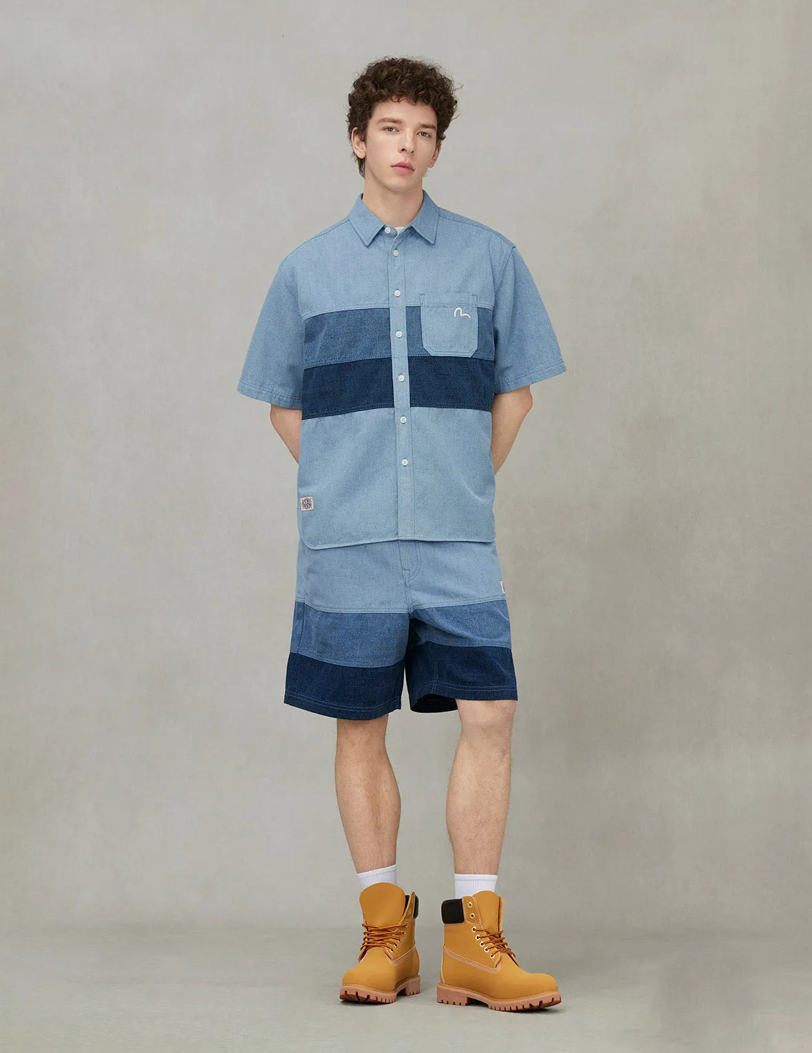 Panel Design Fashion Fit Denim Short-Sleeves Shirt