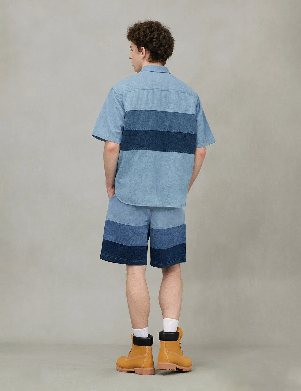 Panel Design Fashion Fit Denim Short-Sleeves Shirt