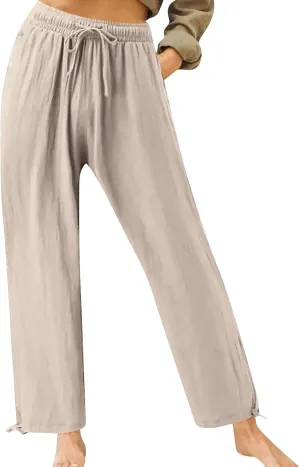 Pants for Women Cotton Linen Casual Summer 2025 Straight Leg Loose Drawstring Elastic Waist Cropped Trouser Plus Size