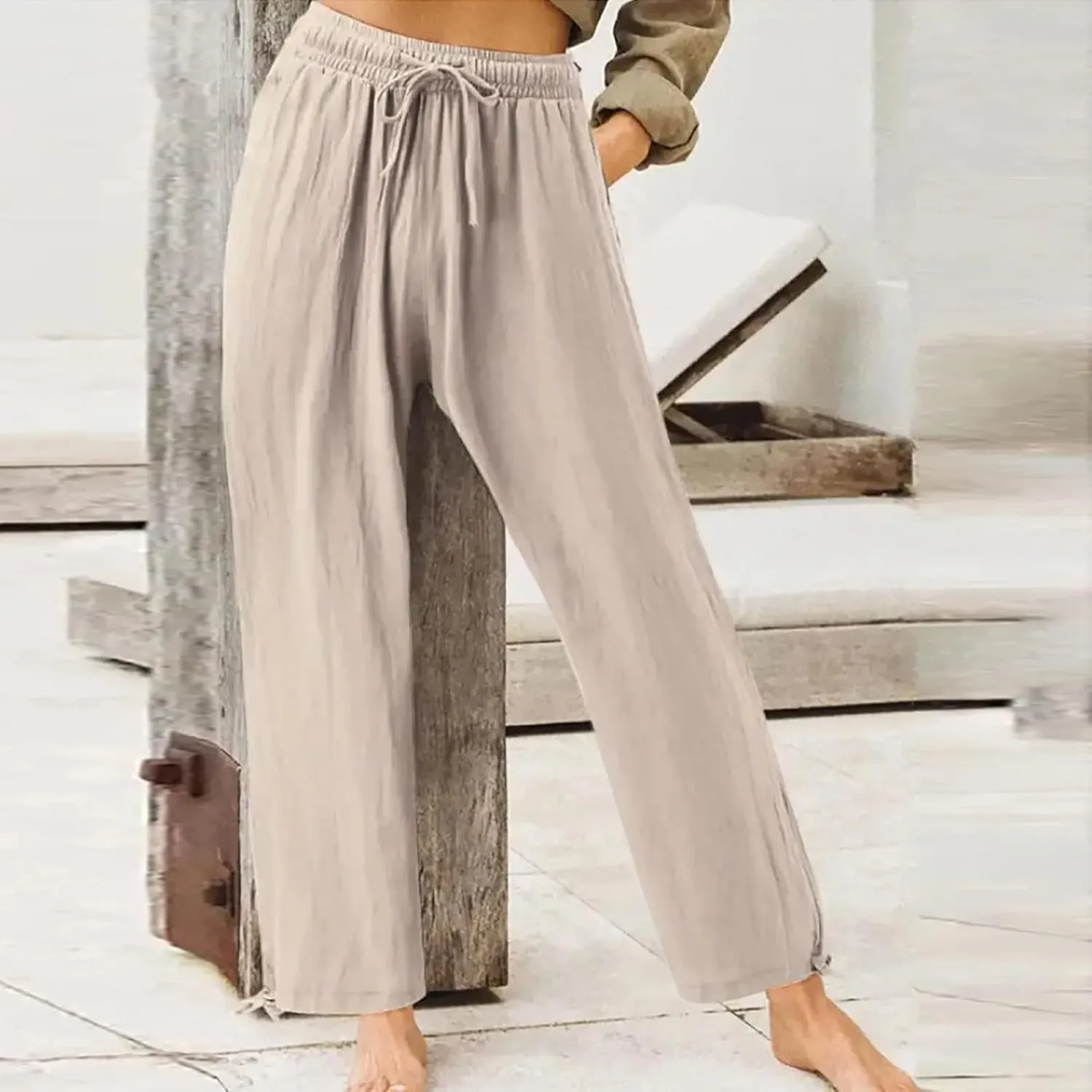 Pants for Women Cotton Linen Casual Summer 2025 Straight Leg Loose Drawstring Elastic Waist Cropped Trouser Plus Size