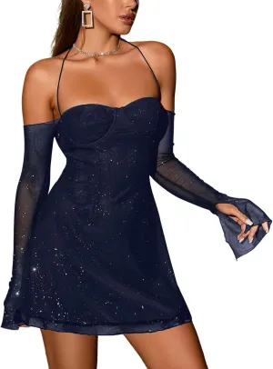 Parthea Womens Sexy Dress Sequin Sparkly Glitter Dress Off Shoulder Long Sleeve Party Club Going Out Mini Dresses