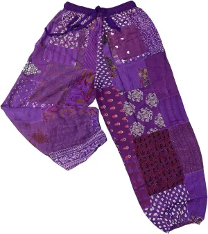 Patchwork Harem Pants, Bohemian Yoga Boho Hippie Pants, Patch Work Elastic High Waist Trouse Purple