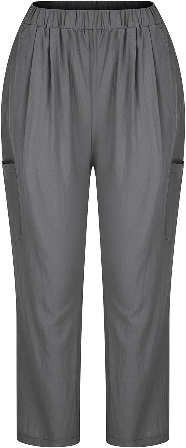 Petite Cotton Linen Cropped Pants for Women Casual Summer Loose Fit Stretch Waist Trousers Lightweight Pajamas Slacks