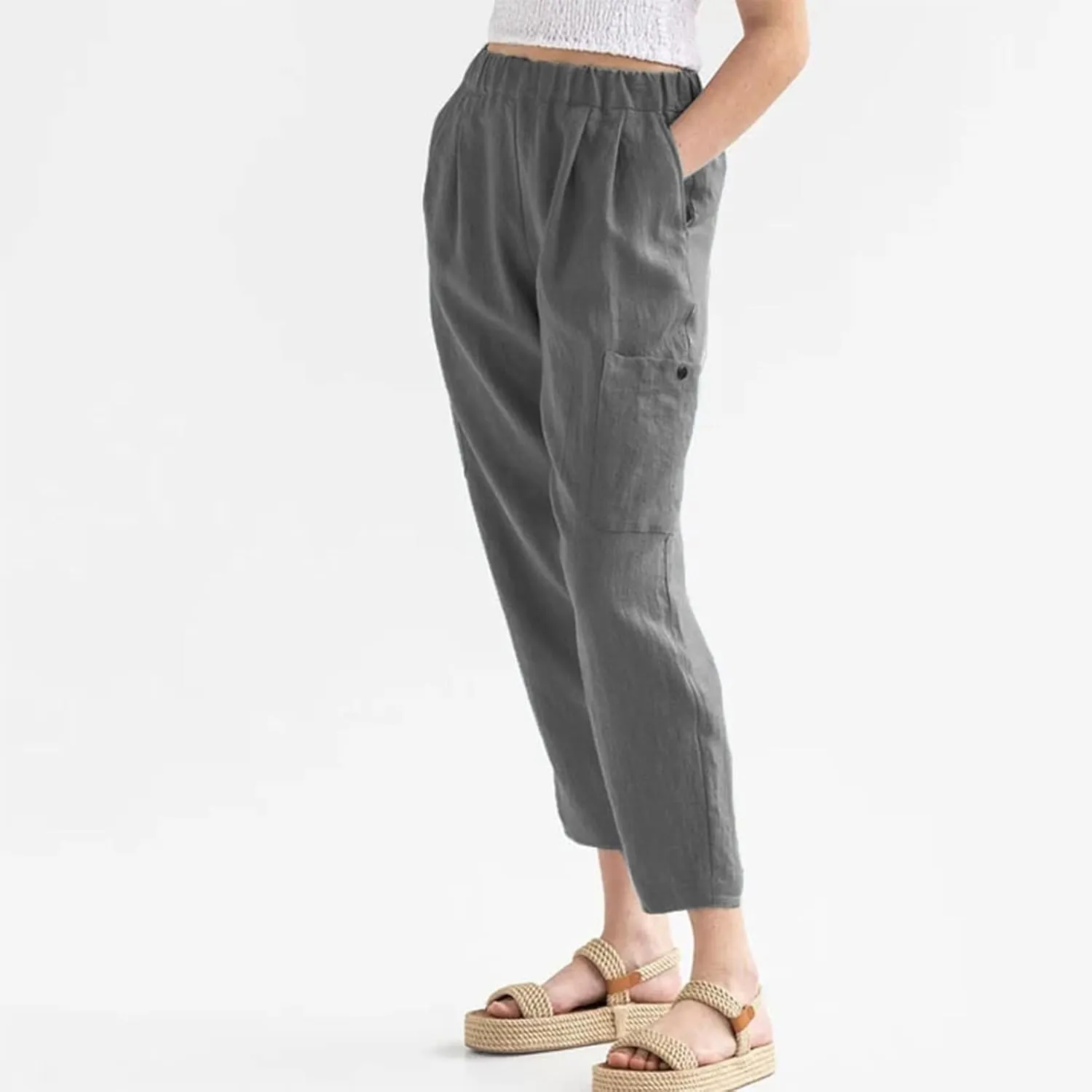 Petite Cotton Linen Cropped Pants for Women Casual Summer Loose Fit Stretch Waist Trousers Lightweight Pajamas Slacks