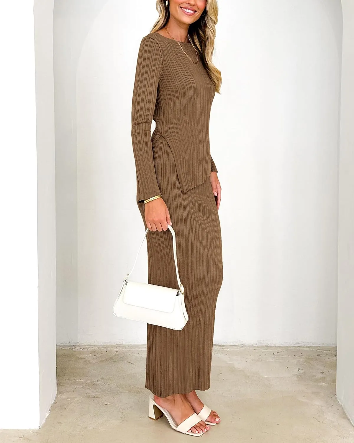 PRETTYGARDEN Women 2 Piece Outfits Long Sleeve Asymmetric Slit Hem Tops Midi Bodycon Skirt Sets Lounge Knit Sweater Set