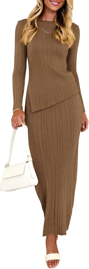 PRETTYGARDEN Women 2 Piece Outfits Long Sleeve Asymmetric Slit Hem Tops Midi Bodycon Skirt Sets Lounge Knit Sweater Set