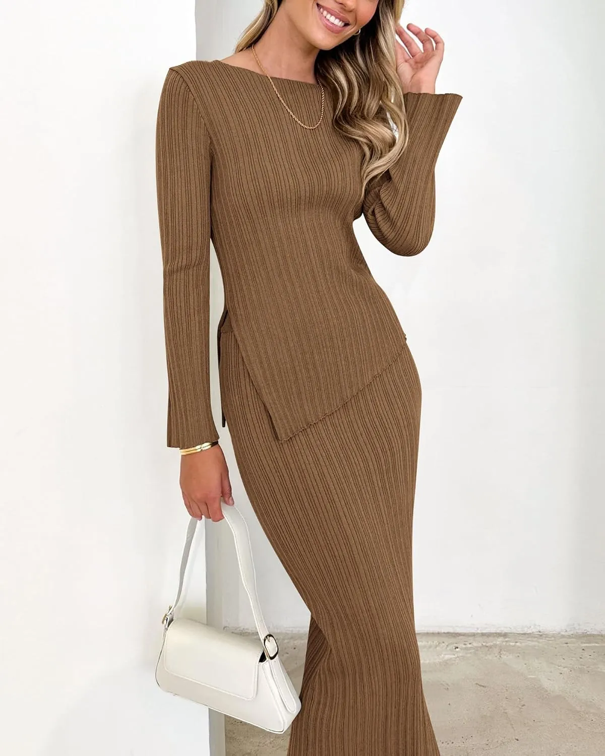 PRETTYGARDEN Women 2 Piece Outfits Long Sleeve Asymmetric Slit Hem Tops Midi Bodycon Skirt Sets Lounge Knit Sweater Set