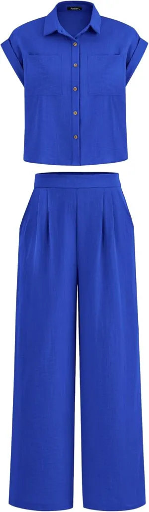 PRETTYGARDEN Womens 2 Piece sets Summer Cap Sleeve Tops Palazzo Pants Dressy Casual Vacation Travel Outfits Tracksuits