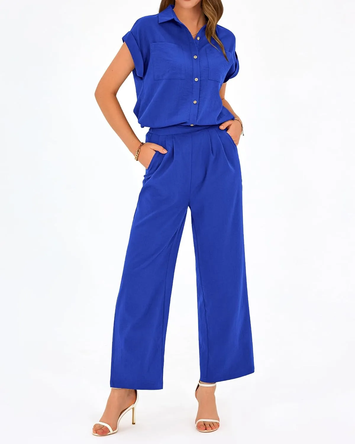 PRETTYGARDEN Womens 2 Piece sets Summer Cap Sleeve Tops Palazzo Pants Dressy Casual Vacation Travel Outfits Tracksuits