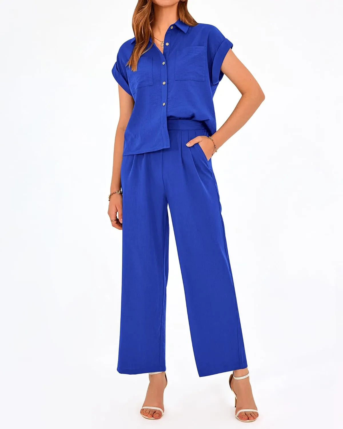 PRETTYGARDEN Womens 2 Piece sets Summer Cap Sleeve Tops Palazzo Pants Dressy Casual Vacation Travel Outfits Tracksuits