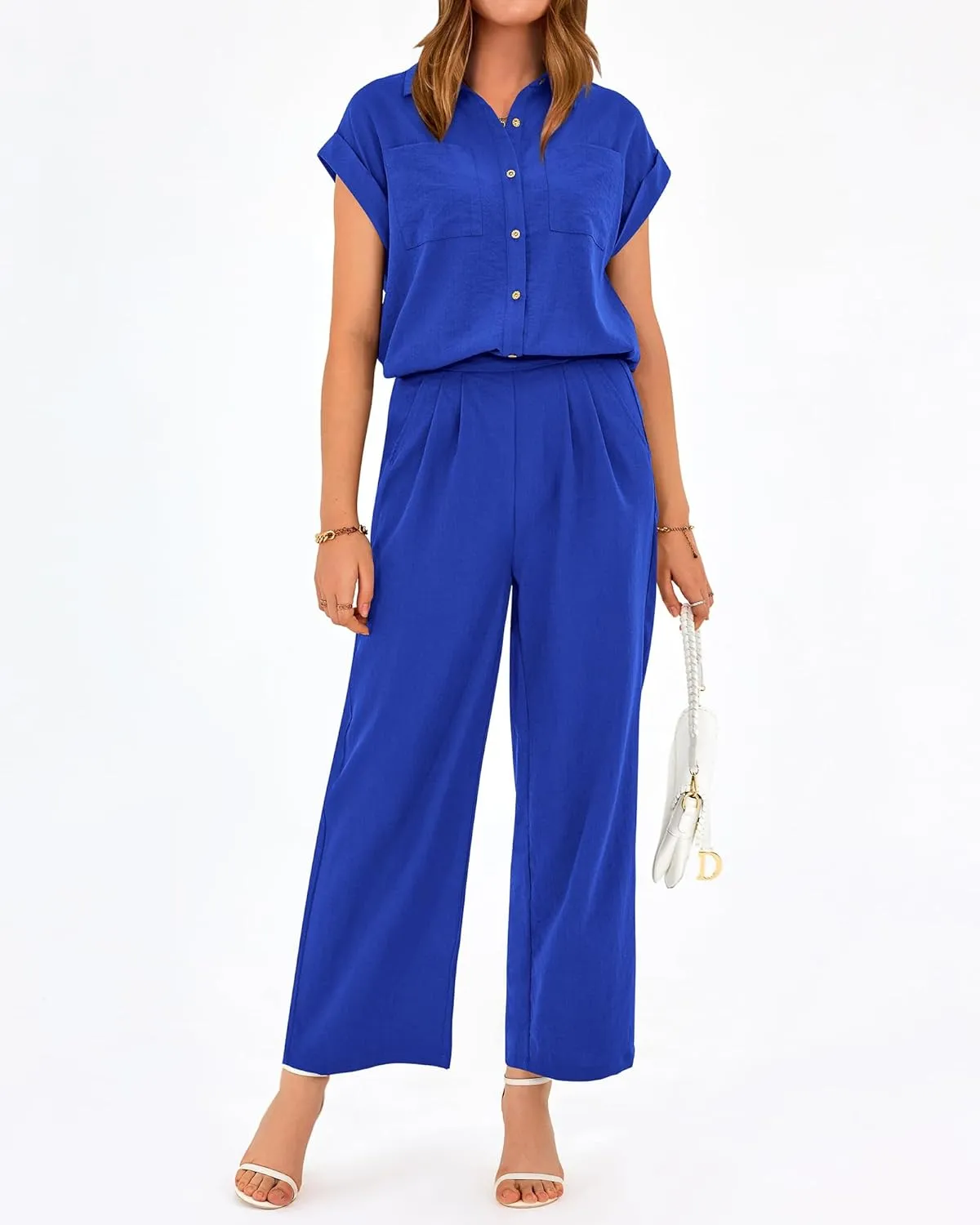 PRETTYGARDEN Womens 2 Piece sets Summer Cap Sleeve Tops Palazzo Pants Dressy Casual Vacation Travel Outfits Tracksuits