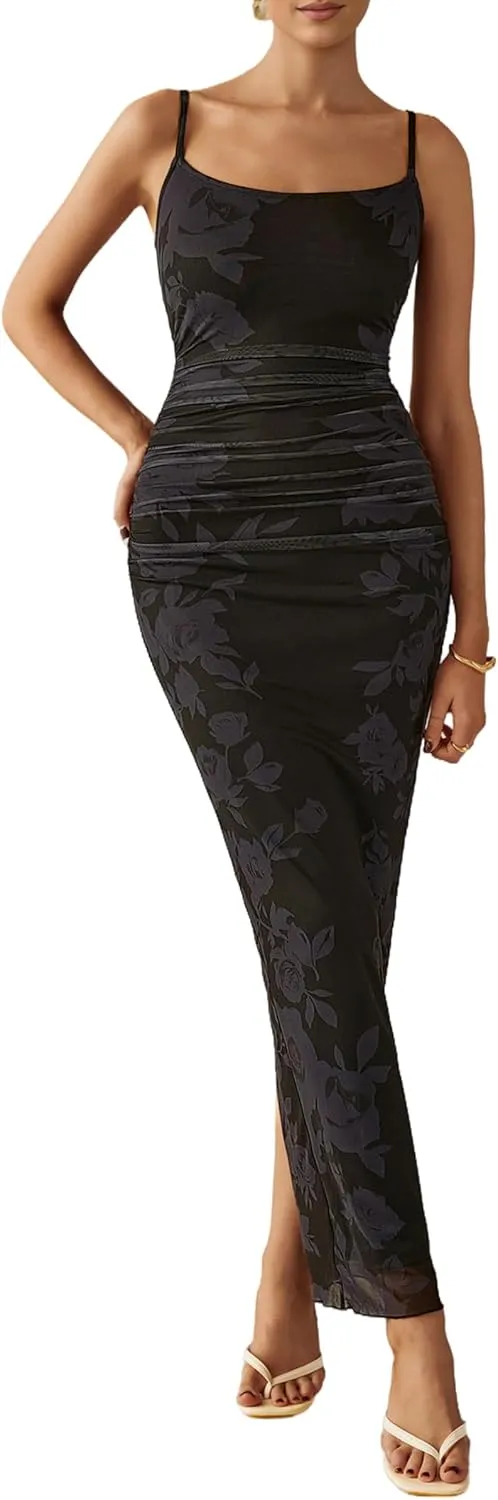 PRETTYGARDEN Women's Floral Maxi Dress 2025 Summer Spaghetti Strap Ruched Mesh Bodycon Wedding Guest Beach Party Long Dresses