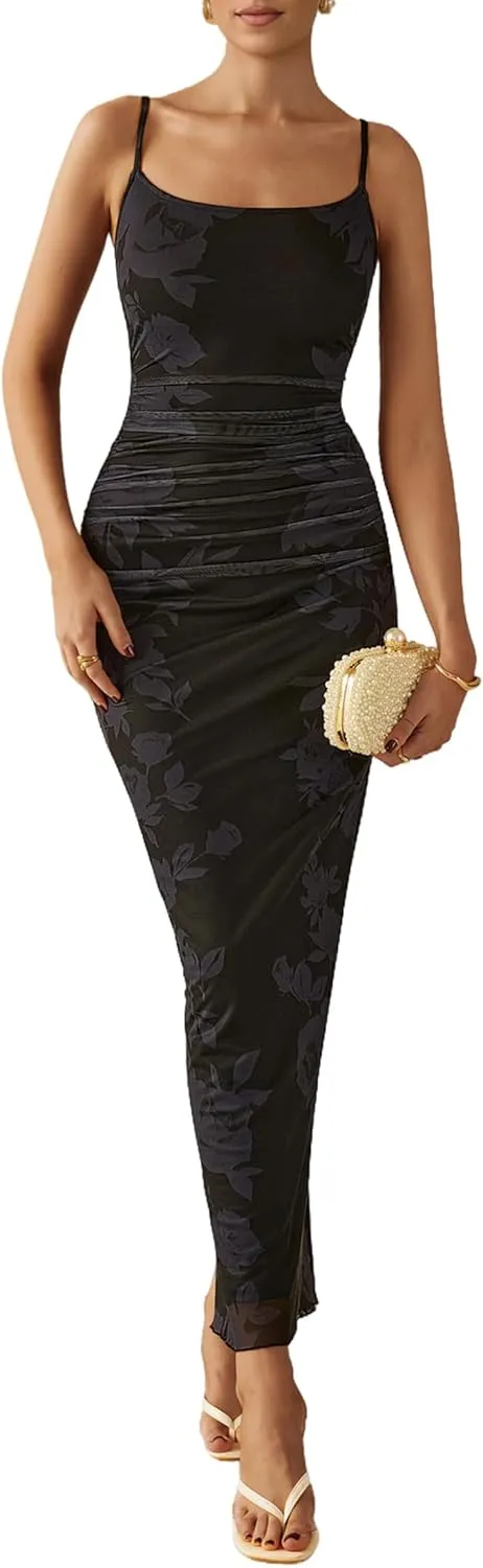 PRETTYGARDEN Women's Floral Maxi Dress 2025 Summer Spaghetti Strap Ruched Mesh Bodycon Wedding Guest Beach Party Long Dresses