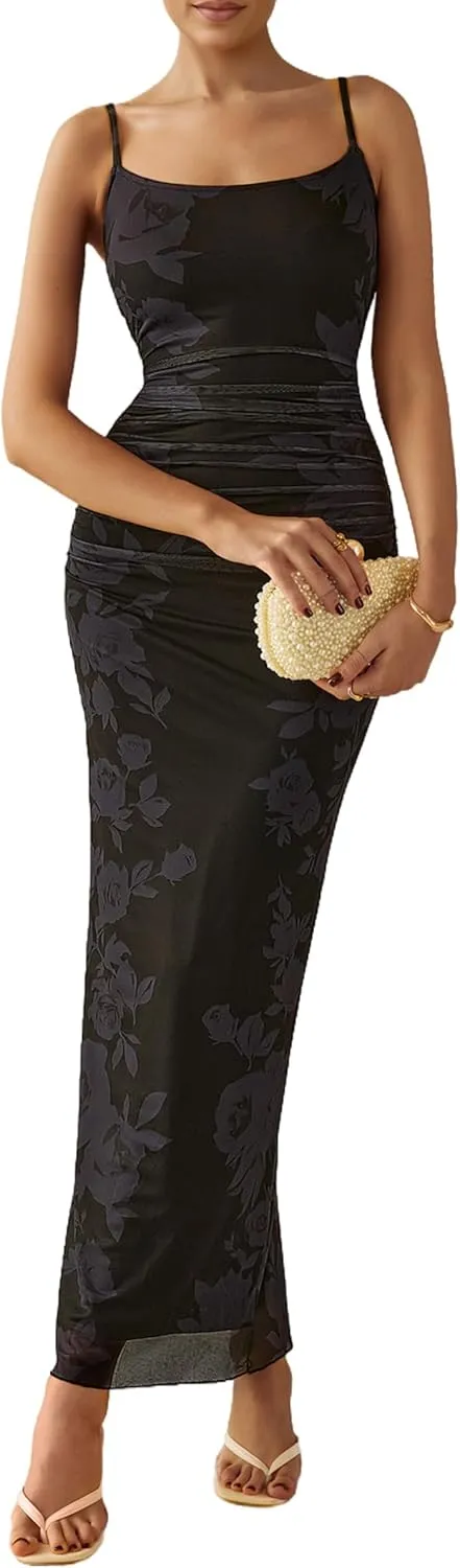 PRETTYGARDEN Women's Floral Maxi Dress 2025 Summer Spaghetti Strap Ruched Mesh Bodycon Wedding Guest Beach Party Long Dresses