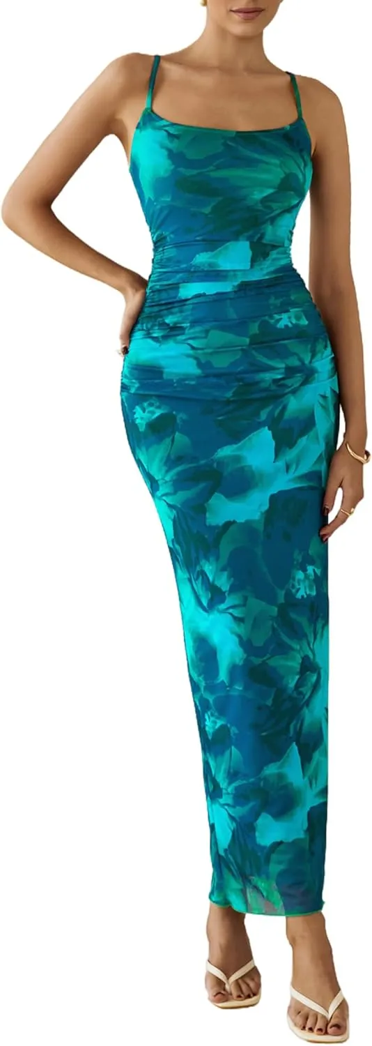 PRETTYGARDEN Women's Floral Maxi Dress 2025 Summer Spaghetti Strap Ruched Mesh Bodycon Wedding Guest Beach Party Long Dresses