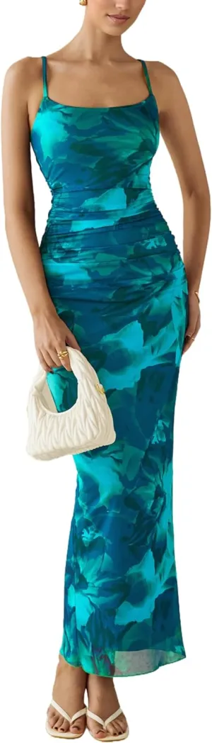 PRETTYGARDEN Women's Floral Maxi Dress 2025 Summer Spaghetti Strap Ruched Mesh Bodycon Wedding Guest Beach Party Long Dresses