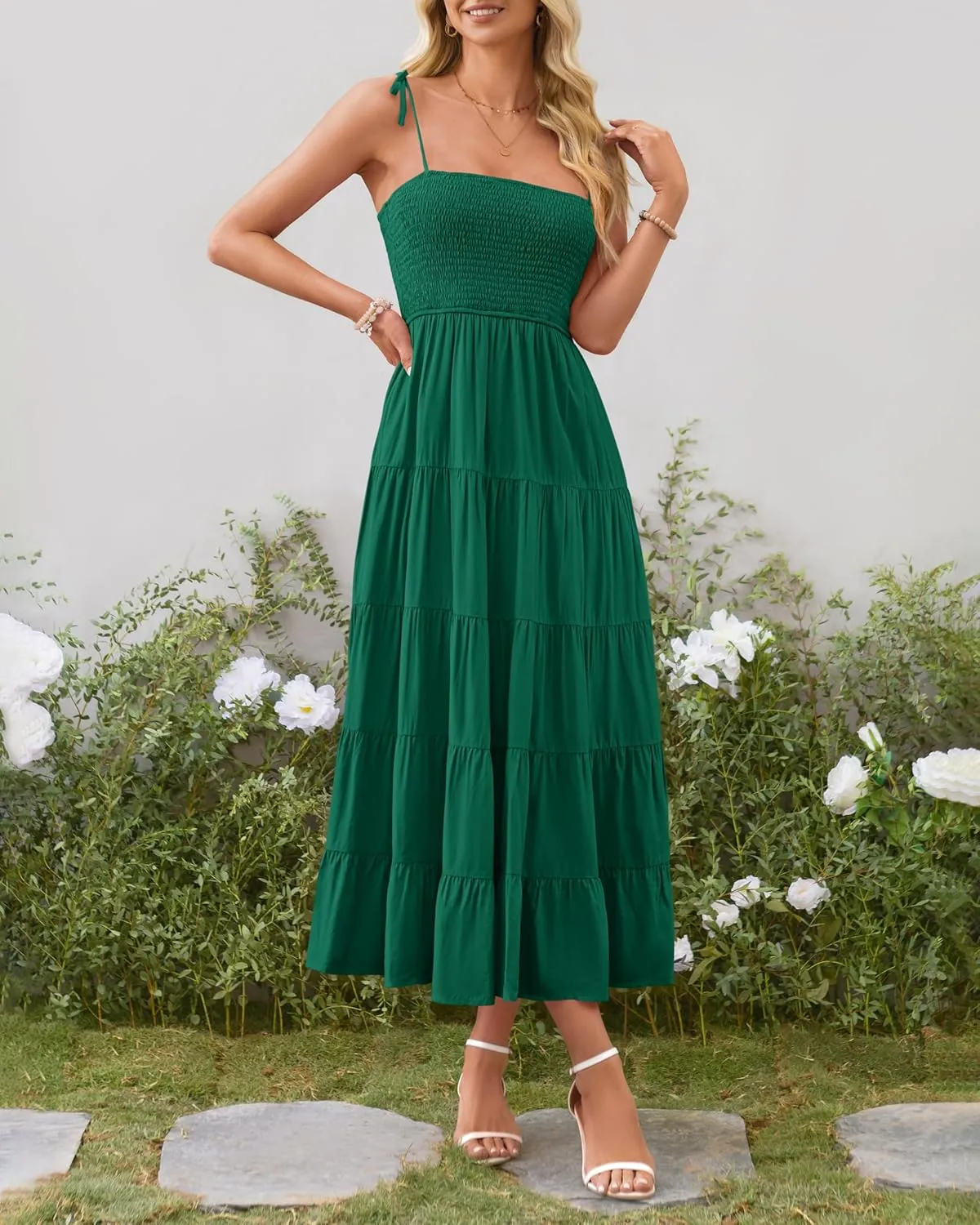 PRETTYGARDEN Women's Summer Dresses 2025 Spaghetti Strap Sleeveless Backless Smocked A-Line Boho Flowy Midi Beach Dress