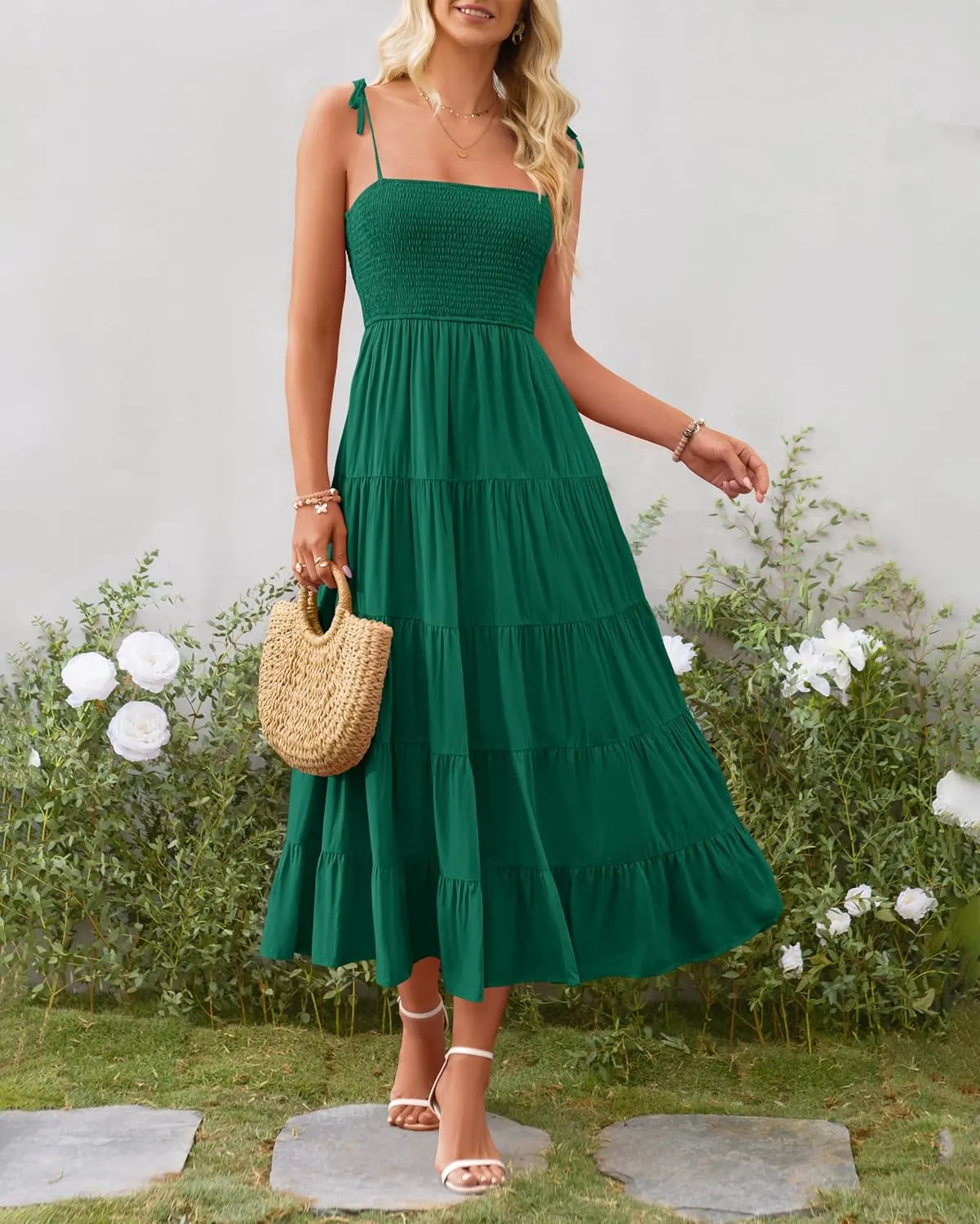 PRETTYGARDEN Women's Summer Dresses 2025 Spaghetti Strap Sleeveless Backless Smocked A-Line Boho Flowy Midi Beach Dress