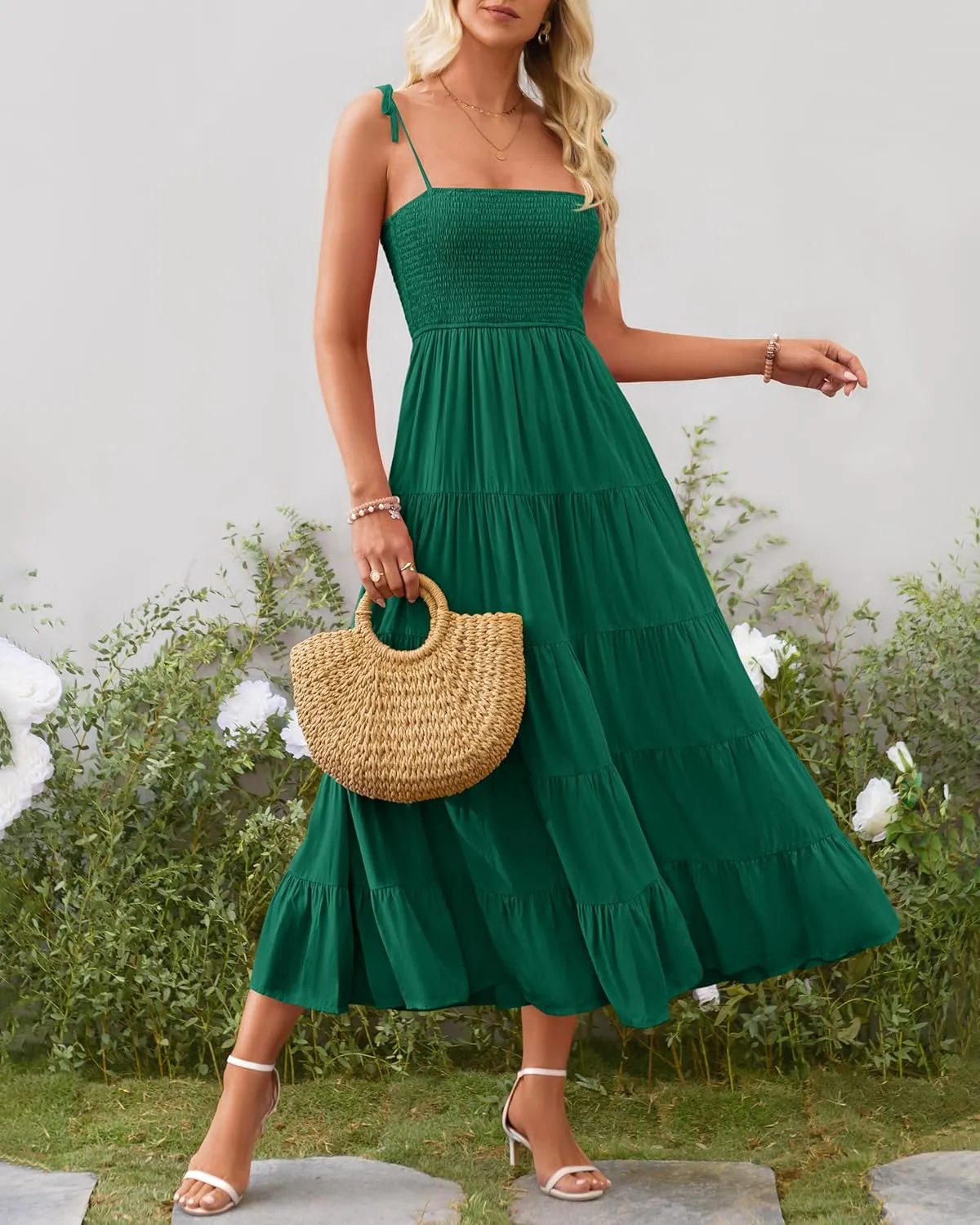 PRETTYGARDEN Women's Summer Dresses 2025 Spaghetti Strap Sleeveless Backless Smocked A-Line Boho Flowy Midi Beach Dress