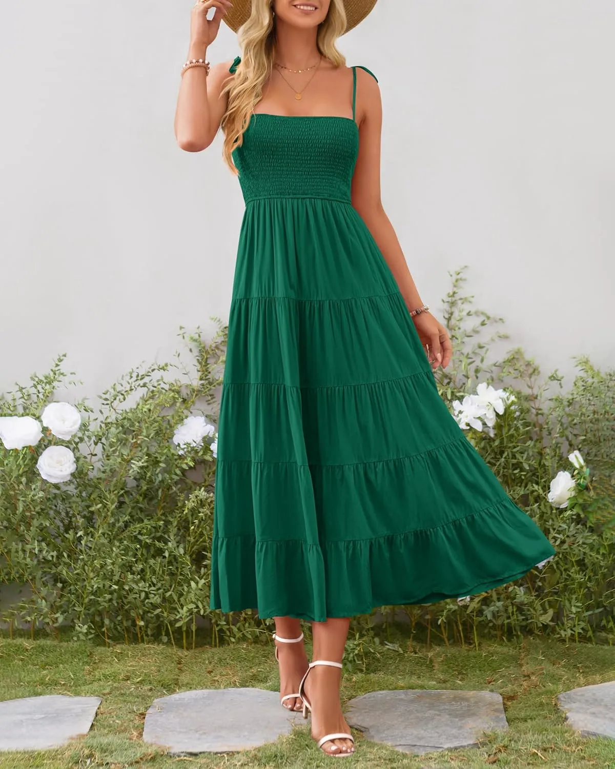 PRETTYGARDEN Women's Summer Dresses 2025 Spaghetti Strap Sleeveless Backless Smocked A-Line Boho Flowy Midi Beach Dress