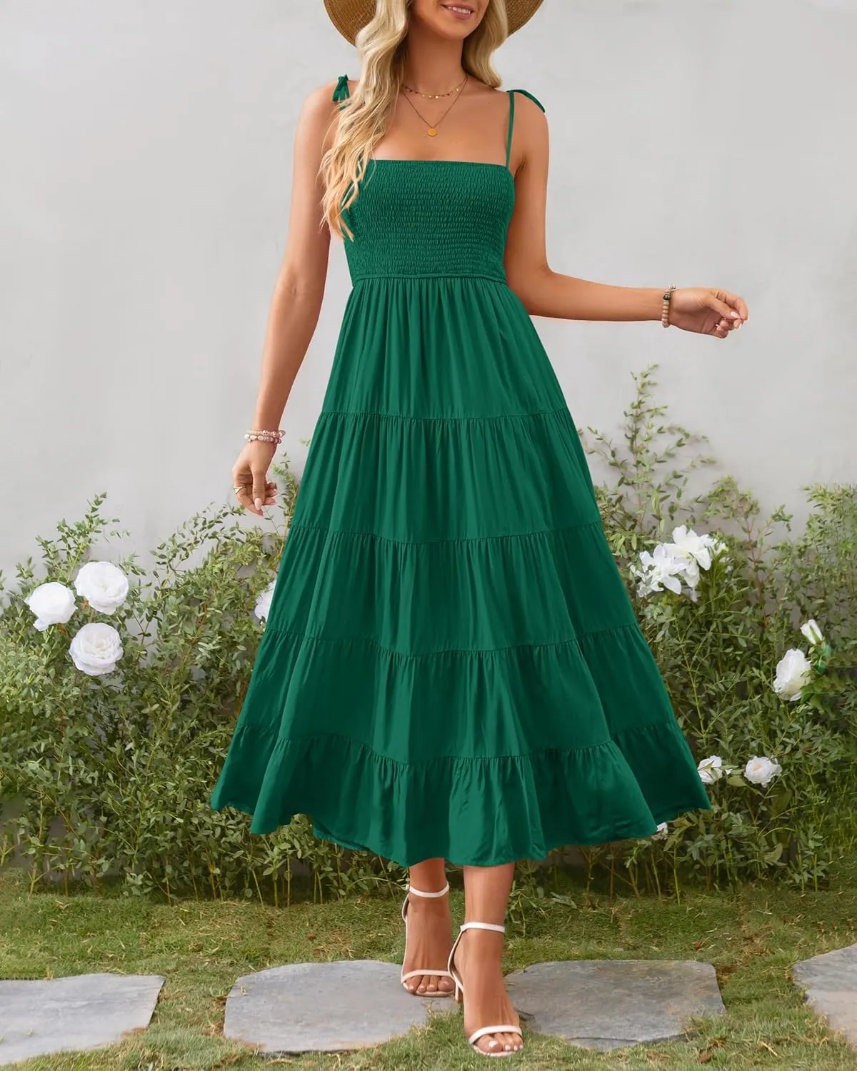 PRETTYGARDEN Women's Summer Dresses 2025 Spaghetti Strap Sleeveless Backless Smocked A-Line Boho Flowy Midi Beach Dress