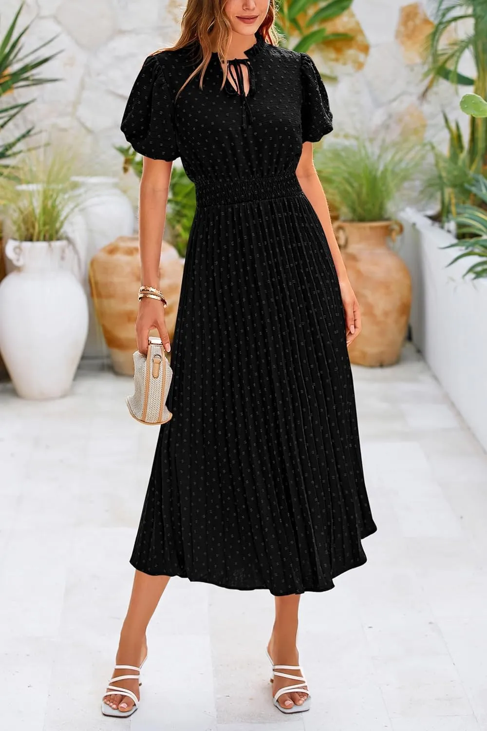 PRETTYGARDEN Womens Summer Midi Dresses Puff Short Sleeve V Neck Swiss Dot Pleated A Line Flowy Long Wedding Guest Dress