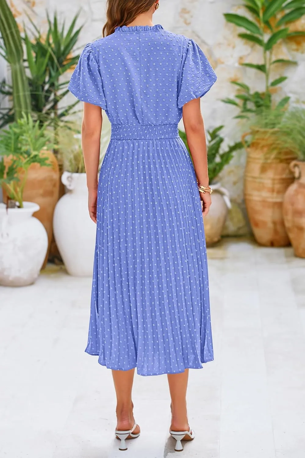 PRETTYGARDEN Womens Summer Midi Dresses Puff Short Sleeve V Neck Swiss Dot Pleated A Line Flowy Long Wedding Guest Dress