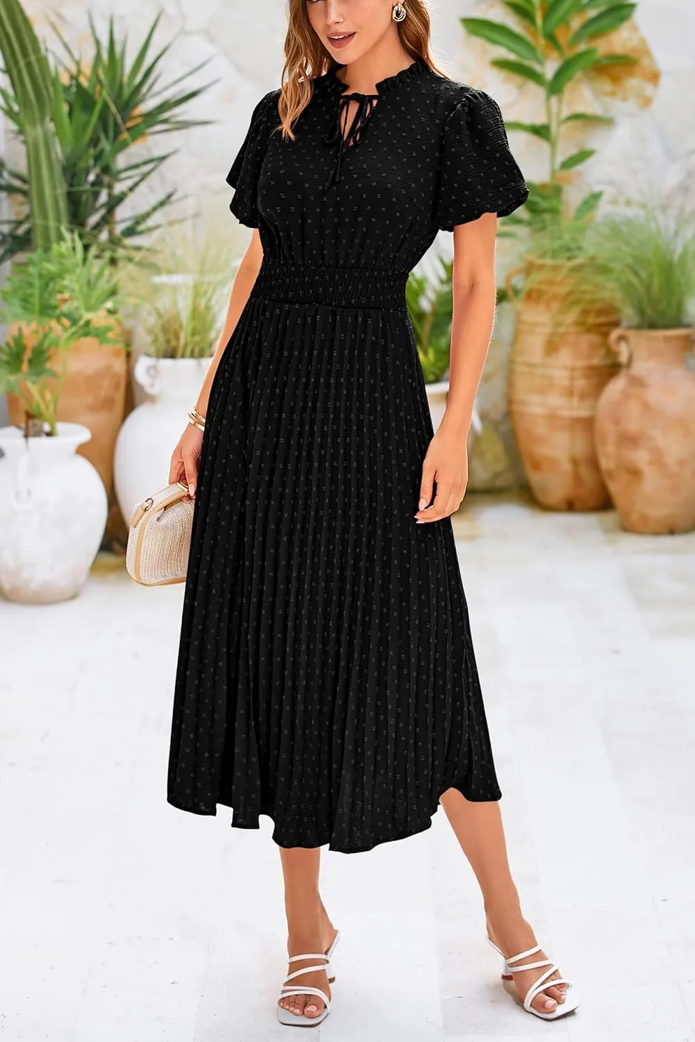 PRETTYGARDEN Womens Summer Midi Dresses Puff Short Sleeve V Neck Swiss Dot Pleated A Line Flowy Long Wedding Guest Dress