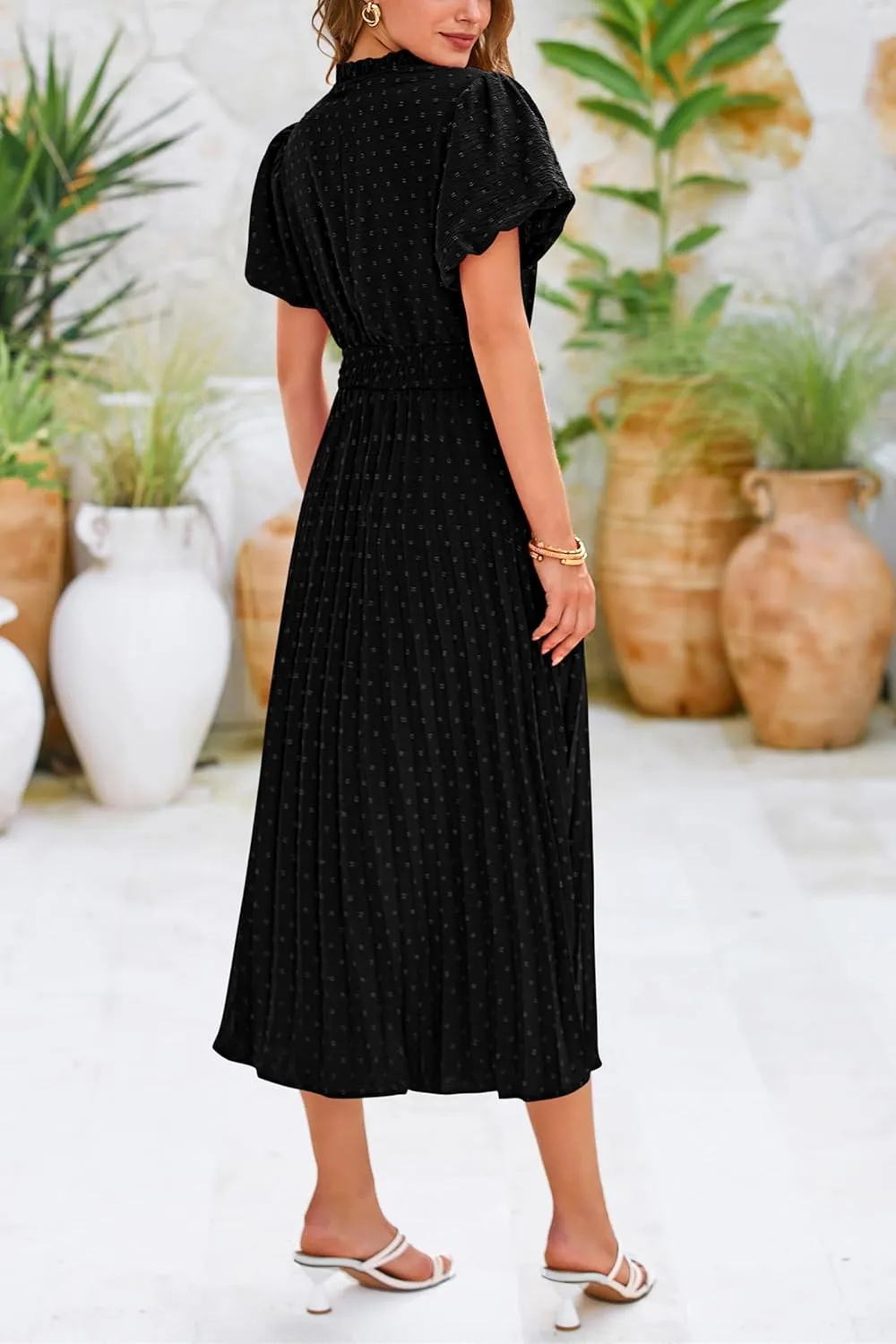 PRETTYGARDEN Womens Summer Midi Dresses Puff Short Sleeve V Neck Swiss Dot Pleated A Line Flowy Long Wedding Guest Dress