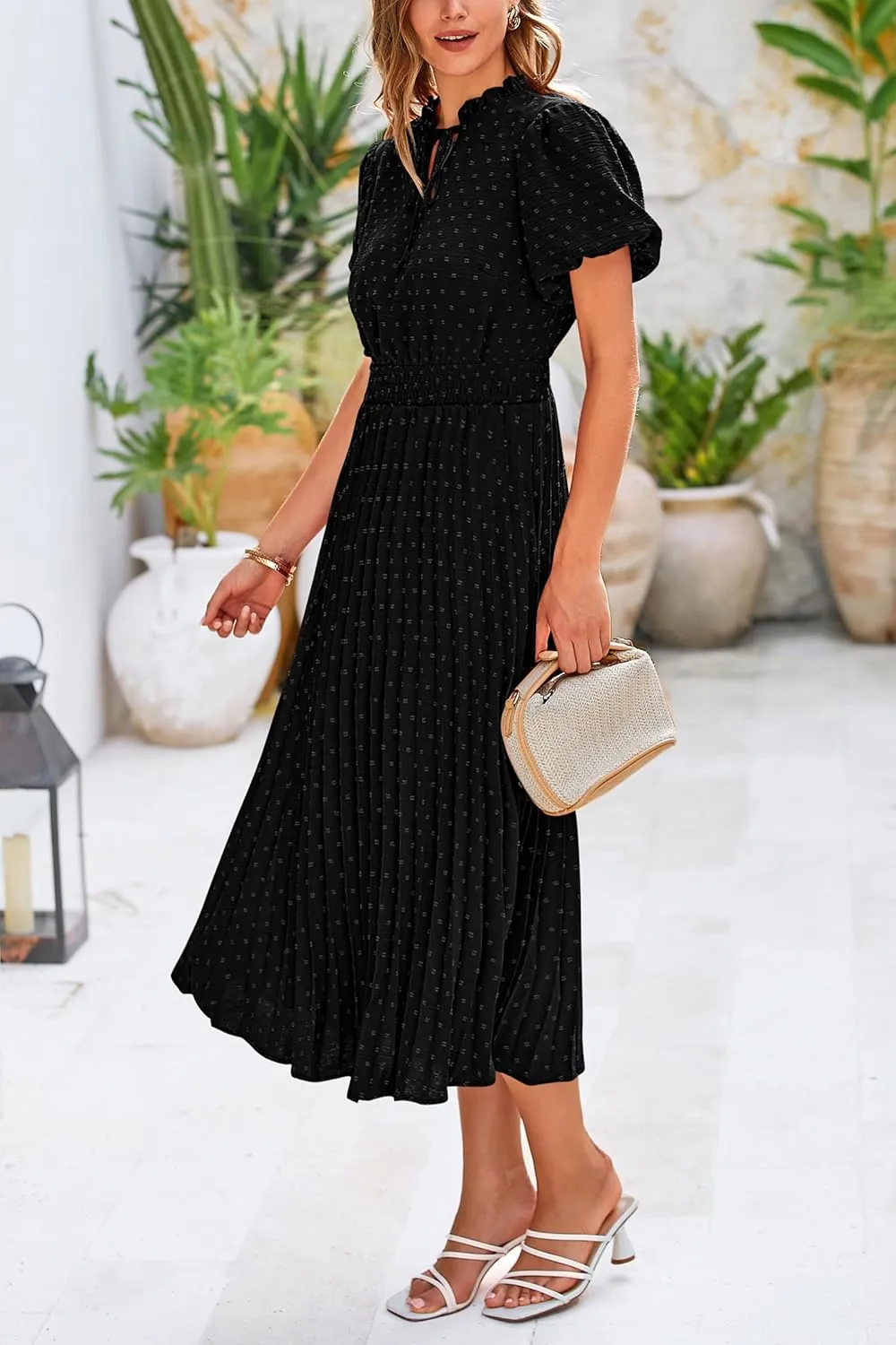PRETTYGARDEN Womens Summer Midi Dresses Puff Short Sleeve V Neck Swiss Dot Pleated A Line Flowy Long Wedding Guest Dress