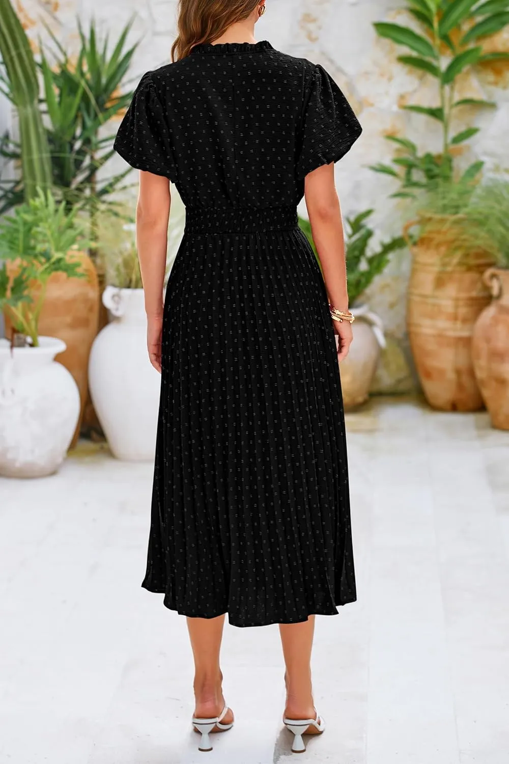 PRETTYGARDEN Womens Summer Midi Dresses Puff Short Sleeve V Neck Swiss Dot Pleated A Line Flowy Long Wedding Guest Dress