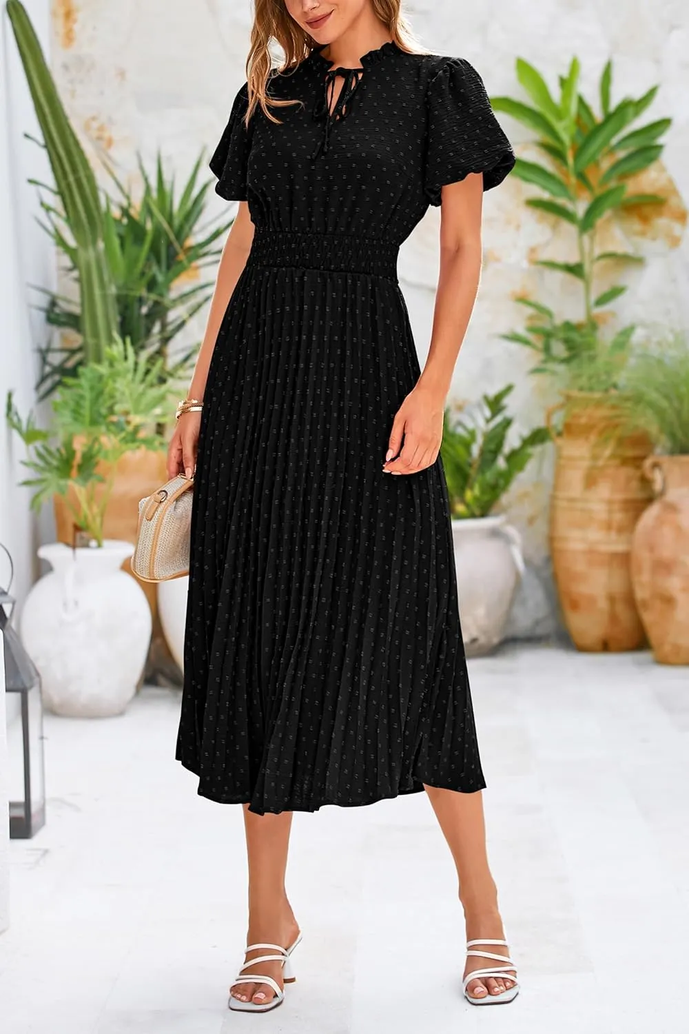 PRETTYGARDEN Womens Summer Midi Dresses Puff Short Sleeve V Neck Swiss Dot Pleated A Line Flowy Long Wedding Guest Dress