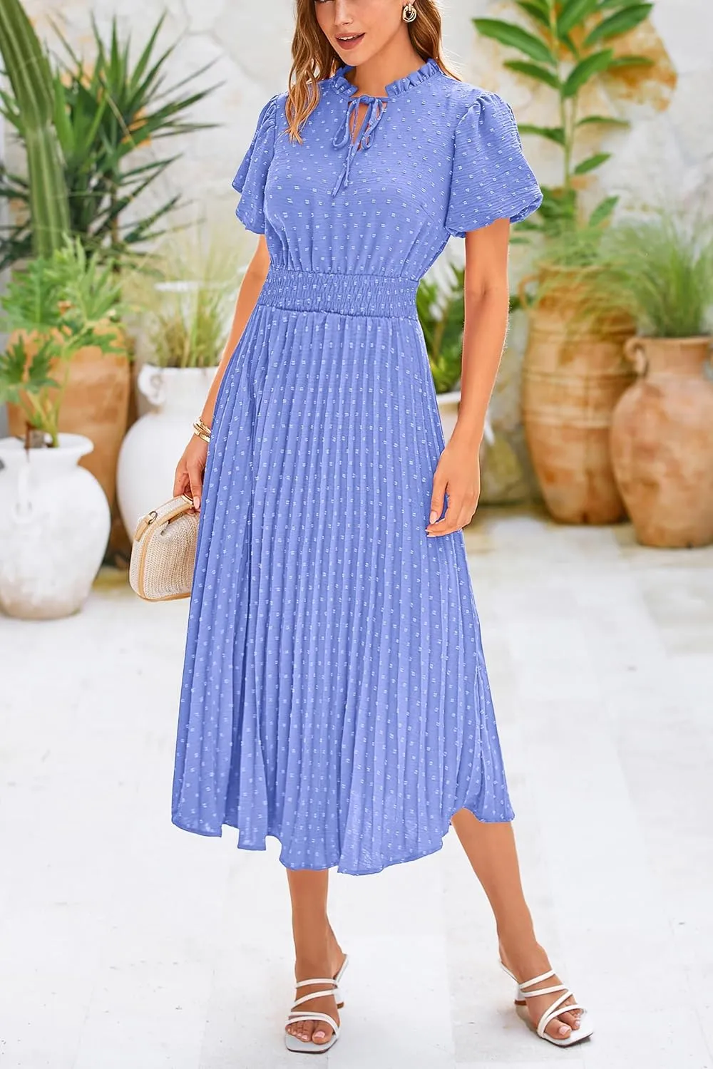 PRETTYGARDEN Womens Summer Midi Dresses Puff Short Sleeve V Neck Swiss Dot Pleated A Line Flowy Long Wedding Guest Dress