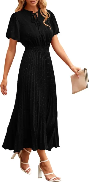 PRETTYGARDEN Womens Summer Midi Dresses Puff Short Sleeve V Neck Swiss Dot Pleated A Line Flowy Long Wedding Guest Dress