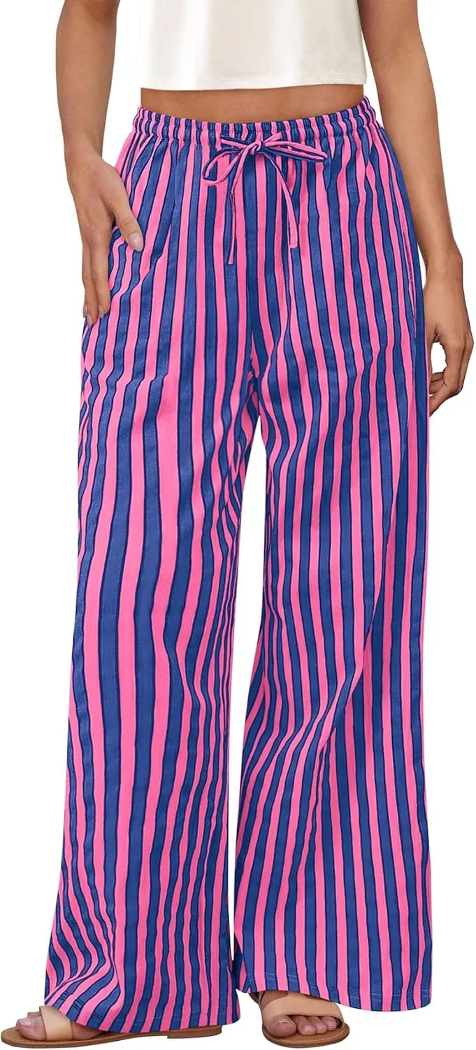 PRETTYGARDEN Women's Wide Leg Lounge Pants 2025 Summer Drawstring Elastic Waist Comfy Striped Pajama Bottoms Trendy Clothes