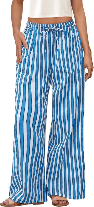 PRETTYGARDEN Women's Wide Leg Lounge Pants 2025 Summer Drawstring Elastic Waist Comfy Striped Pajama Bottoms Trendy Clothes